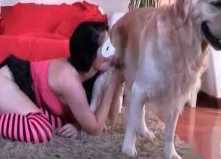 Masked owner blowing a dog